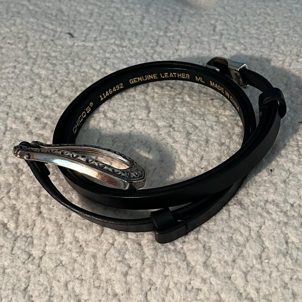 Vintage Chico's Sleek Black Adjustable Belt with Silver Buckle